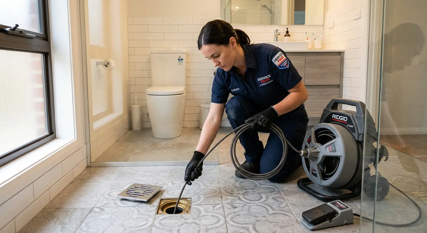Technician clearing a bathroom floor drain for Sewer Line Replacement in Williamson